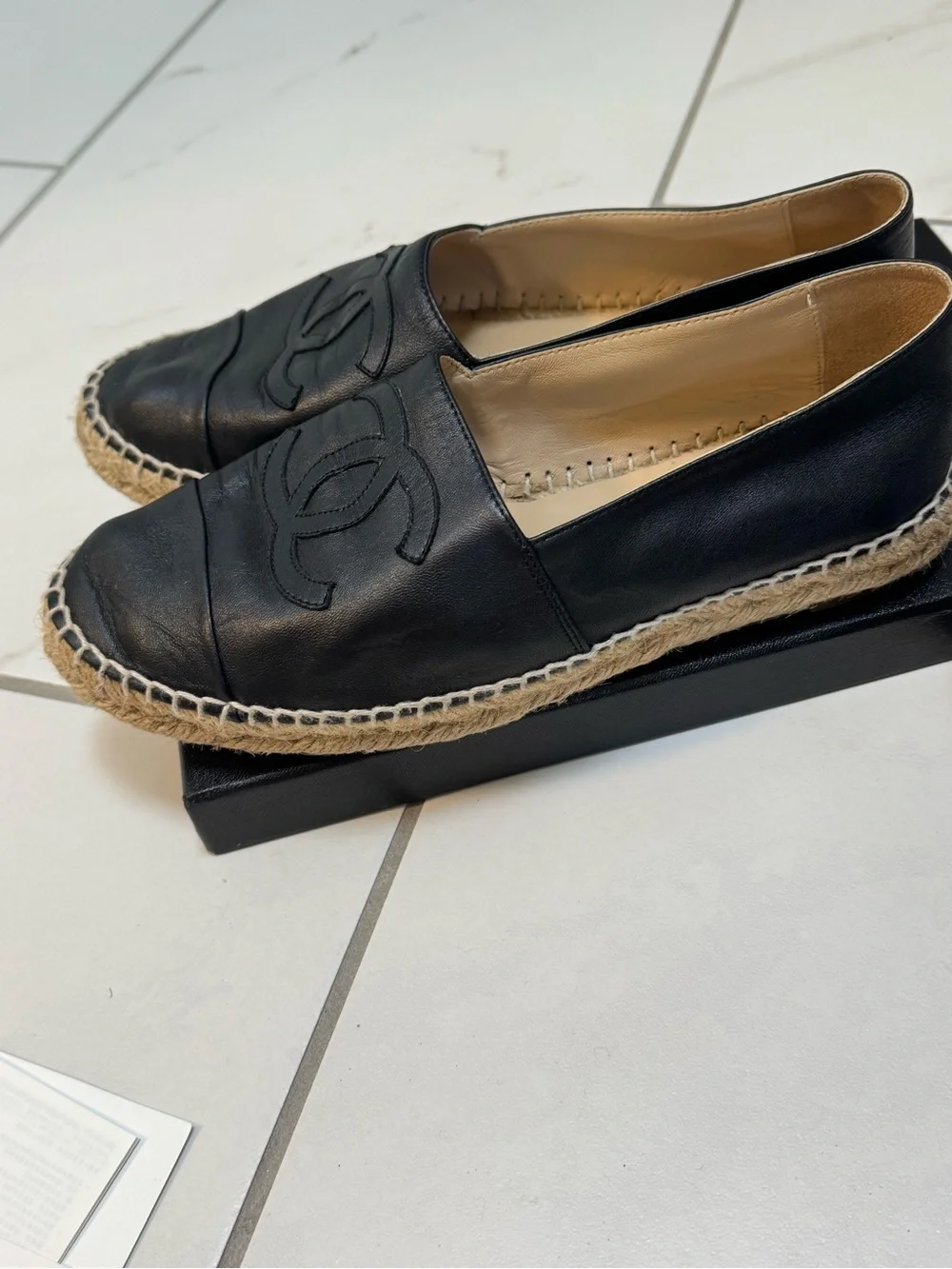 CHANEL Black Leather Logo Espadrille Flats
